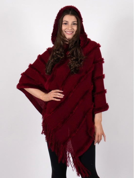 Hooded Poncho with Faux Fur Details